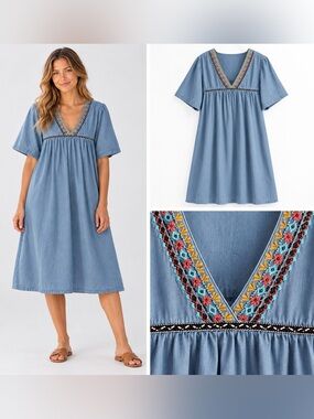 Go Softly Patio dress Blue denim Chambray Embroidered Patio Dress XL Boho Caftan